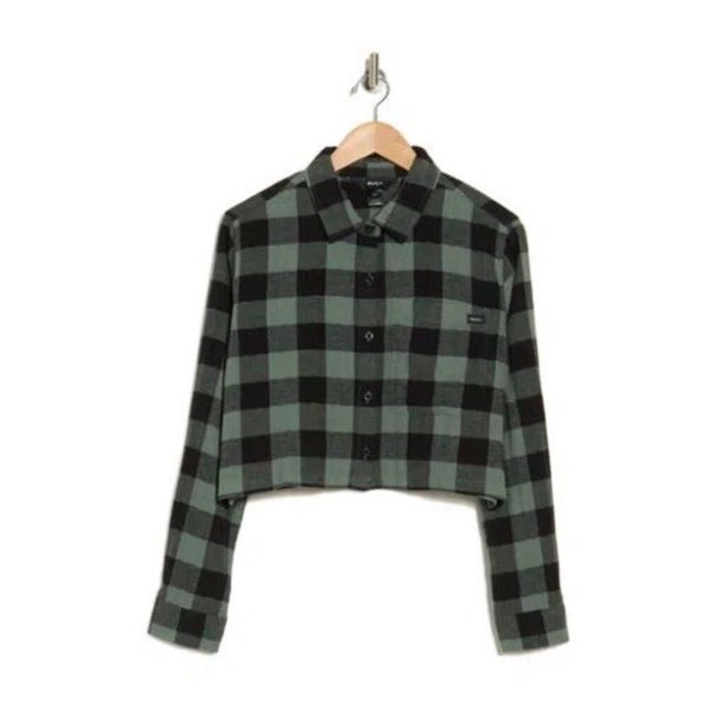 RVCA Cropped Green Check Me Out Button Up Shirt-S